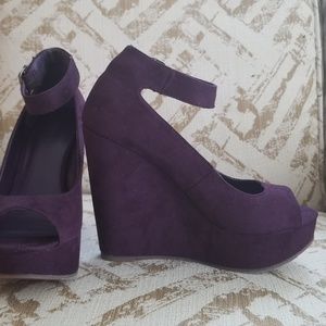 Faux-Suede Platform Peep-Toe Shoes w/Ankle Strap